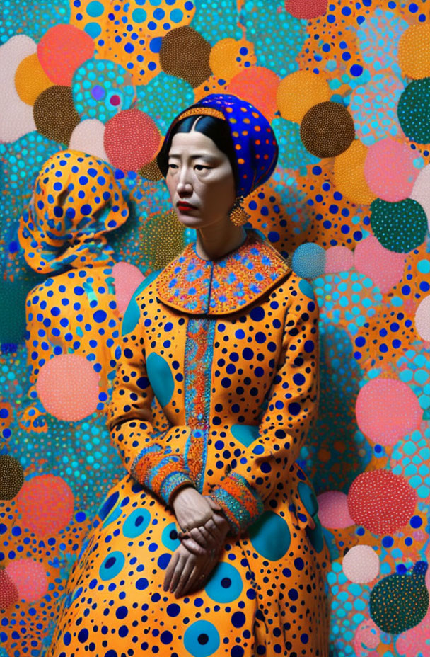 Person in Blue and Orange Polka-Dotted Outfit Blends into Vibrant Dotted Background