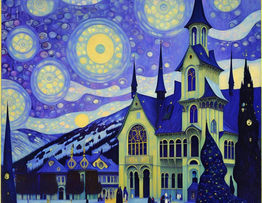 Vibrant Christmas-themed painting with starlit building and swirling patterns