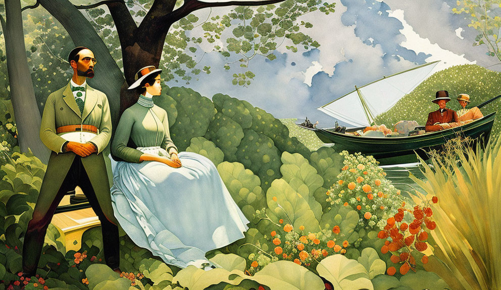 Vintage-clad man and woman by tree, admire tranquil boating scene with lush greenery.