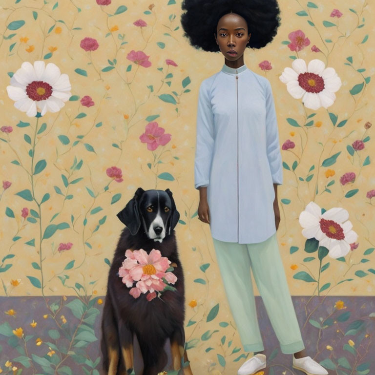 Woman with Afro Hair and Dog Surrounded by Floral Patterns