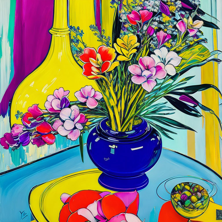 Colorful Flower Painting in Blue Vase with Yellow Background