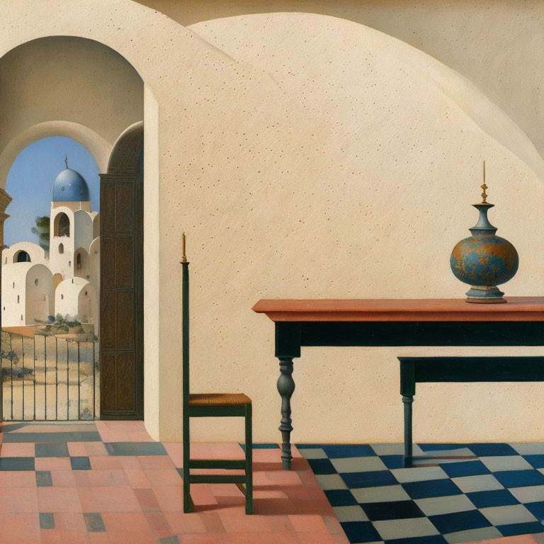 Room with chair, table, tiled floor, open archway to blue-domed buildings view