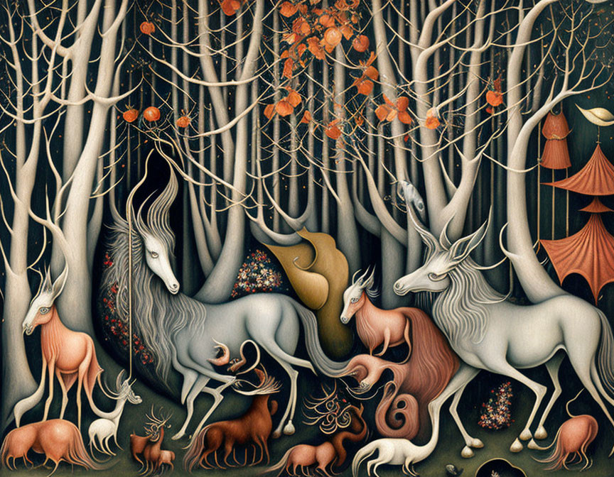 Fantasy forest scene with unicorns, creatures, and autumn leaves