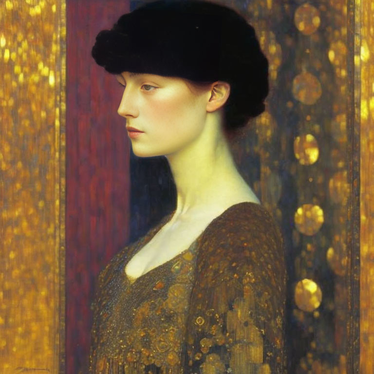 Portrait of woman with fair skin and dark hair in fur hat on gilded background.