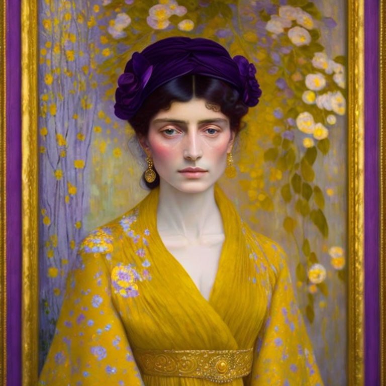 Classical portrait of a woman in purple turban and golden attire