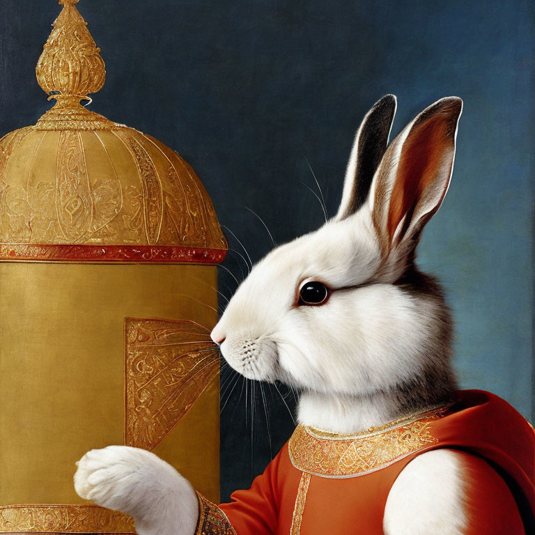 Whimsical painting of royal rabbit in golden attire