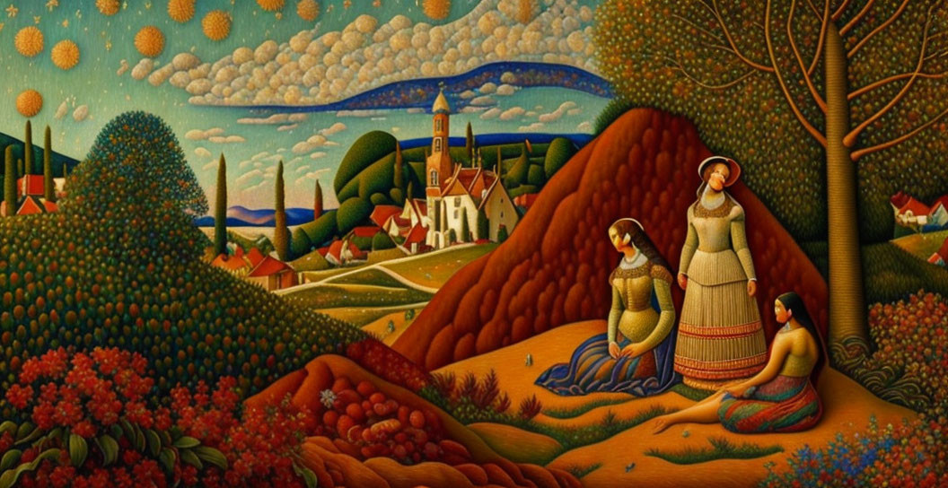 Colorful Folk Art Painting of Three Women in Traditional Dresses in Rural Landscape