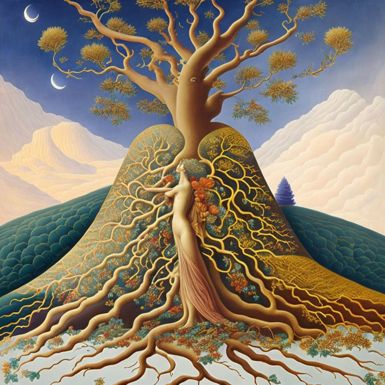 Surreal painting: Woman merging with tree on hillock, intricate roots, moon phases, mountains