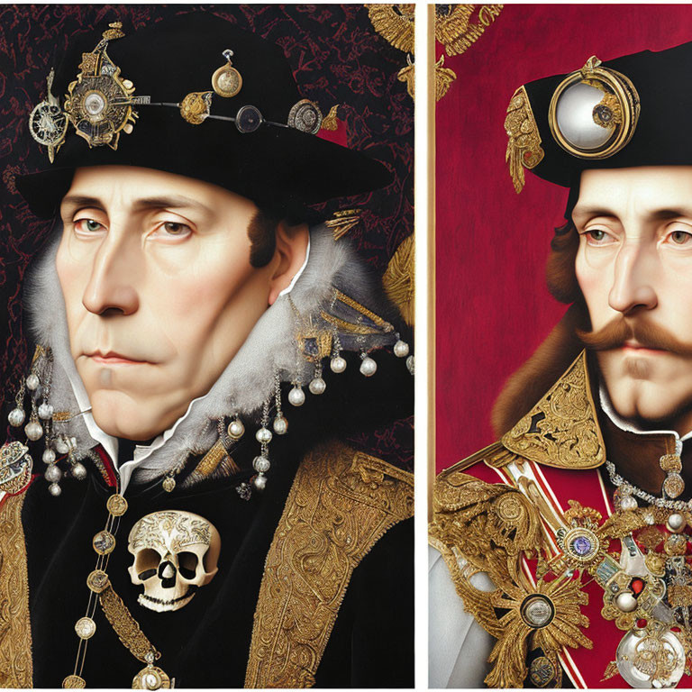 Detailed portraits of men in regal attire with intricate jewelry and decorations, one with a skull.