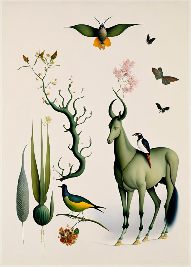 Surreal green antelope creature surrounded by birds and plants