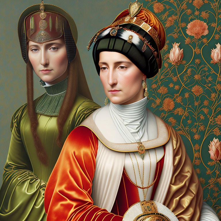 Traditional Ottoman attire: Two women in intricate headdresses amid floral backdrop