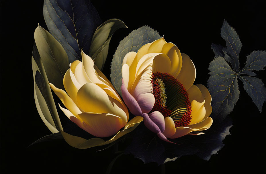 Hyper-realistic yellow flower digital artwork on dark background