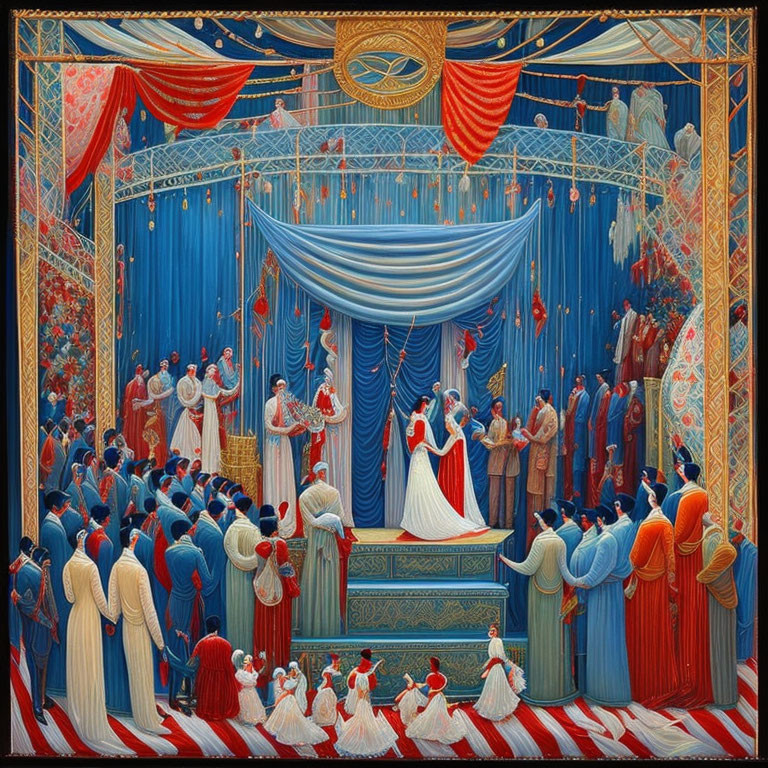 Detailed painting of regal ceremonial gathering in grand hall