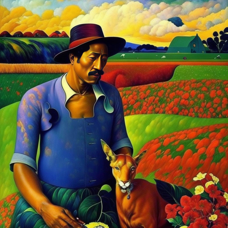 Colorful painting of man with dog in vibrant fields