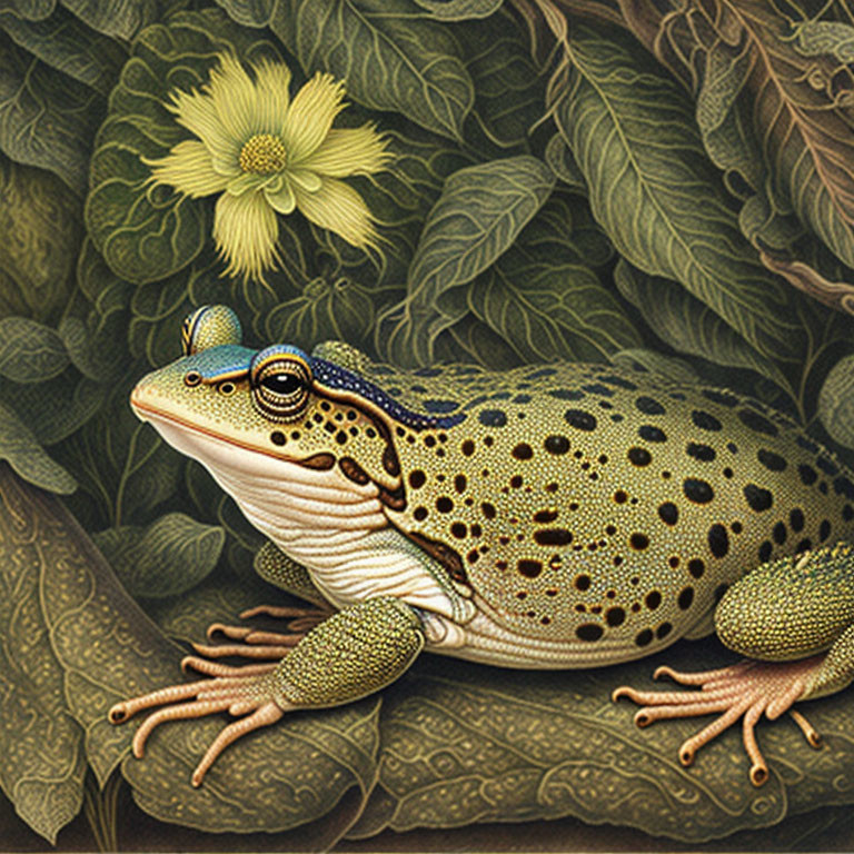 Detailed Frog Illustration Among Lush Greenery with Yellow Flower