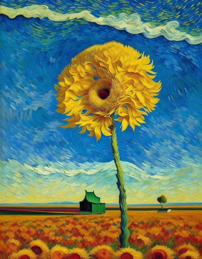 Stylized painting of tall sunflower in landscape with green house and field under blue sky