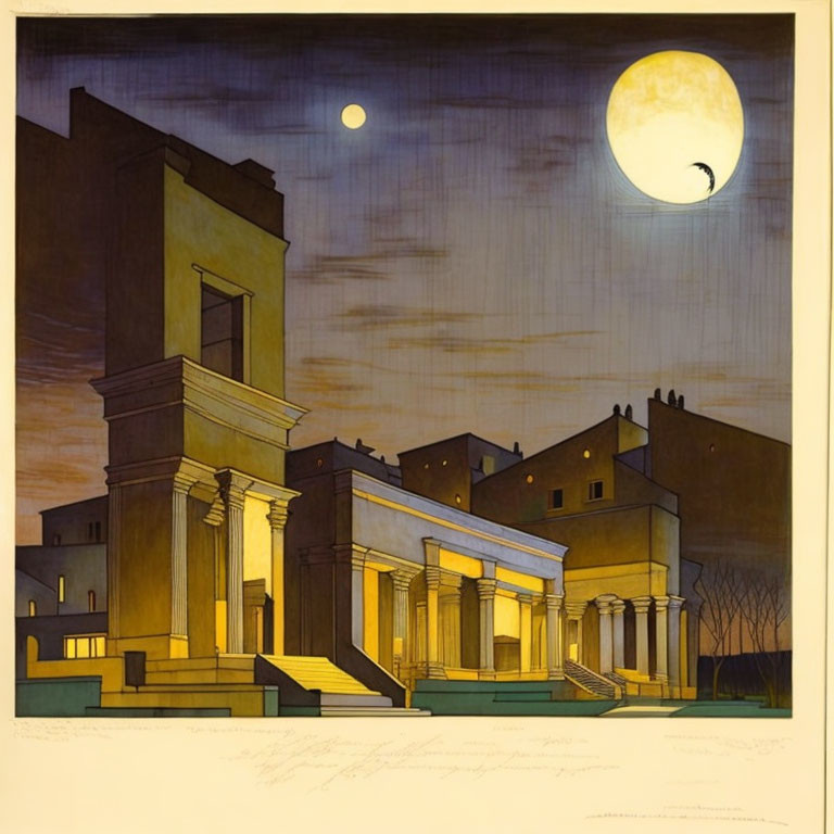 Moonlit classical architecture scene with buildings under large yellow moon