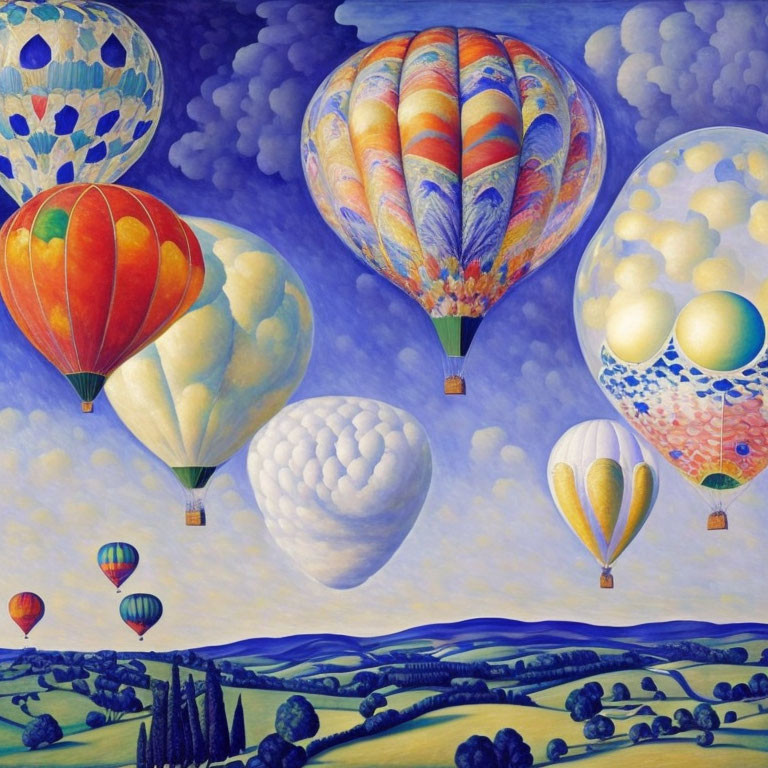 Vibrant hot air balloons in scenic landscape with hills and trees