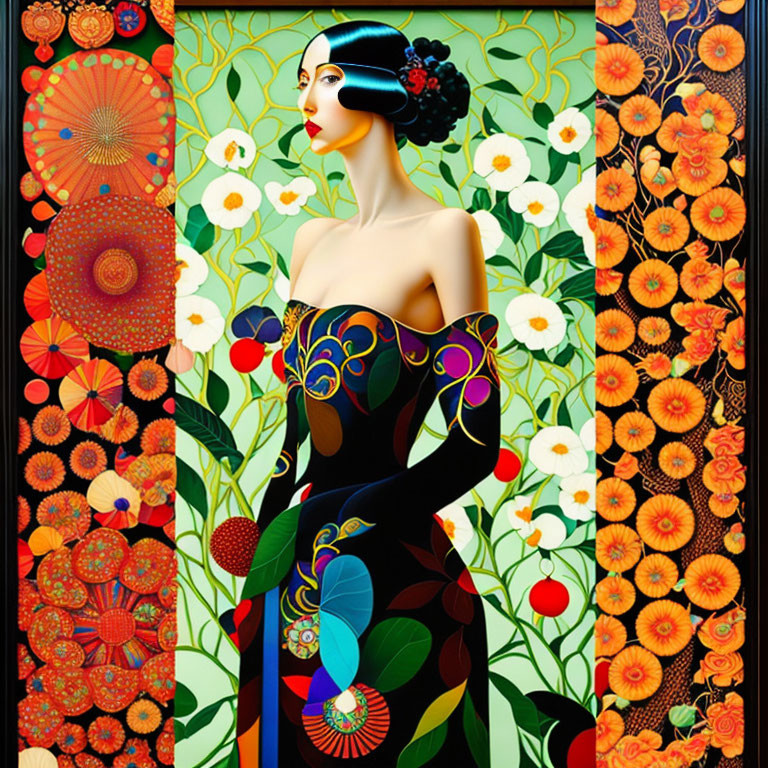 Colorful floral gown woman illustration with intricate patterns