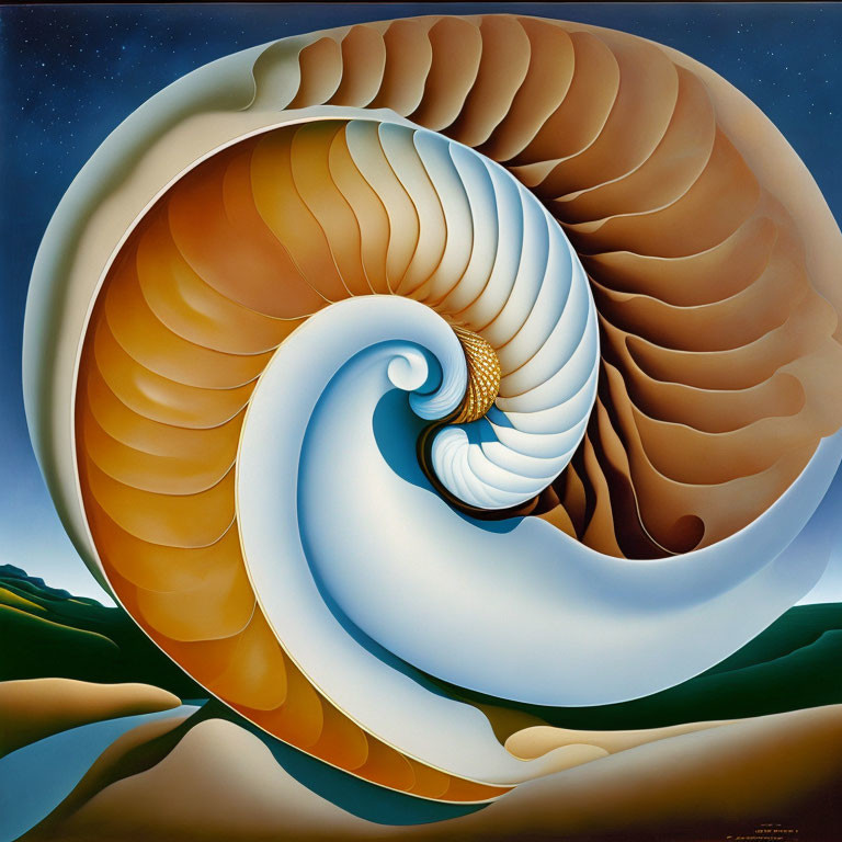 Surreal painting of seashell with wave under starry sky