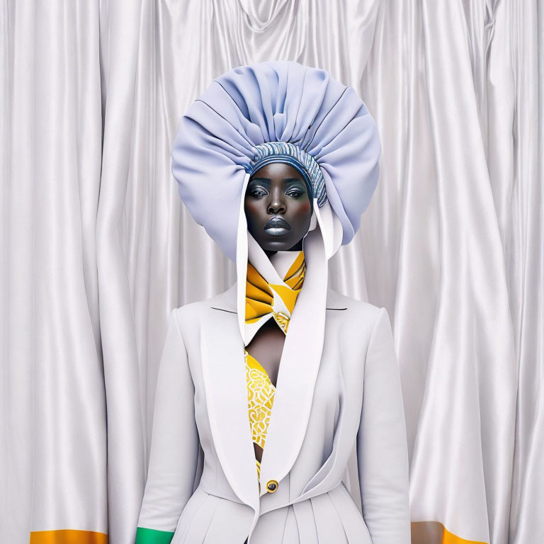 Person in Blue Skin Tones in Elaborate White Suit