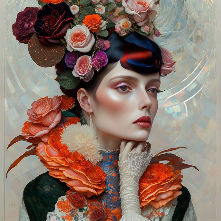 Portrait of Woman with Floral Hat & Orange Collar on Ethereal Background