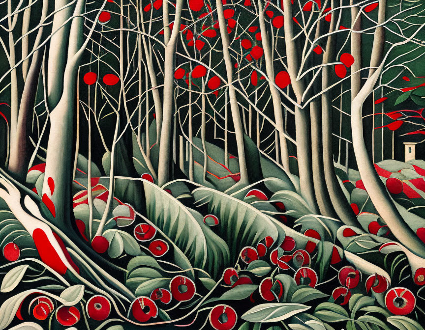 Stylized painting of dense leafless forest with red foliage accents