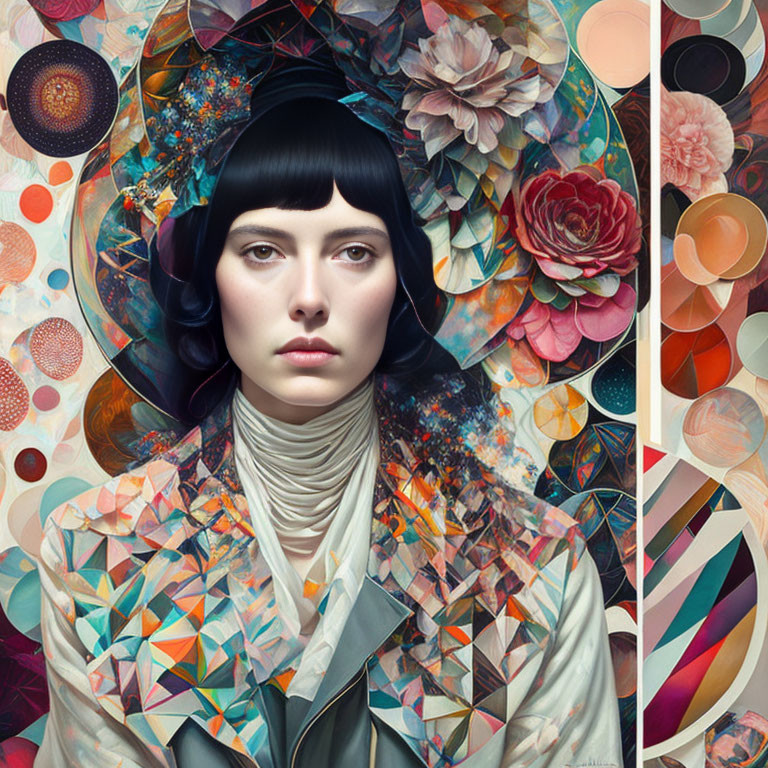 Dark-Haired Woman in Vibrant Surreal Artwork