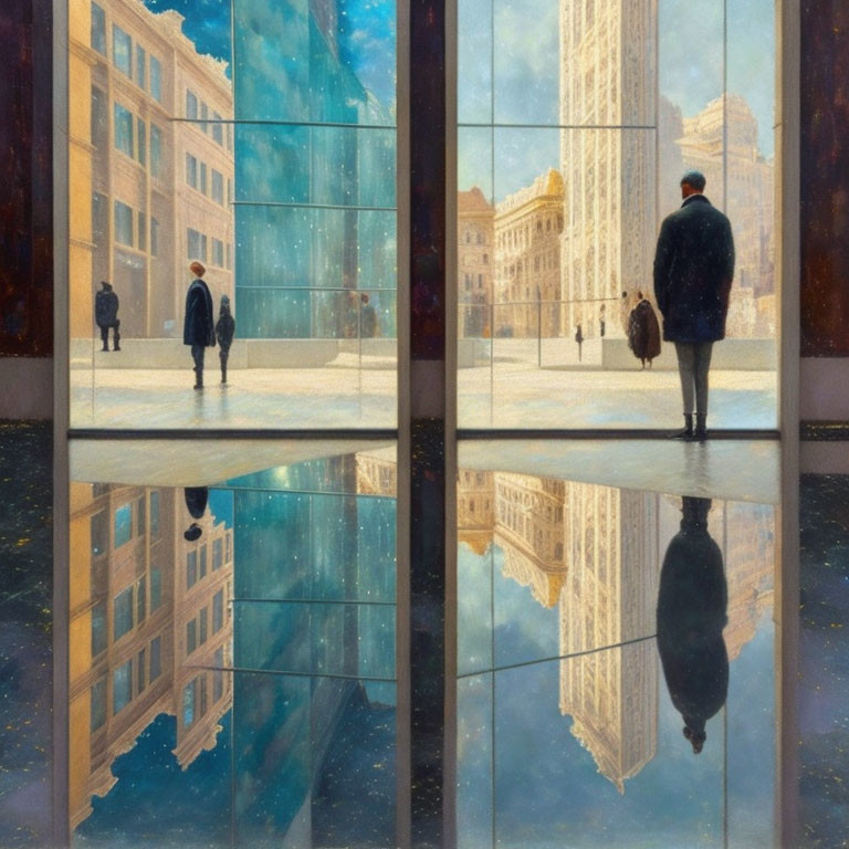 Person reflecting on cityscape in glass facade mirror