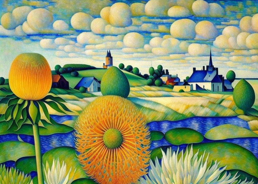 Colorful landscape painting with rolling hills, trees, church spire, houses, and sunflowers.