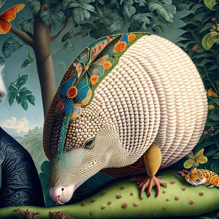 Surreal armadillo with peacock feather patterns in vibrant forest