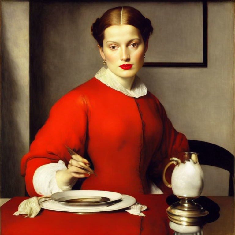 Woman in red top with white collar at table with plate, silver pot, pen