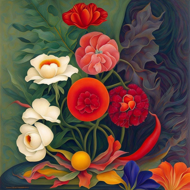 Assorted Flowers Painting in Red, Orange, and White Hues