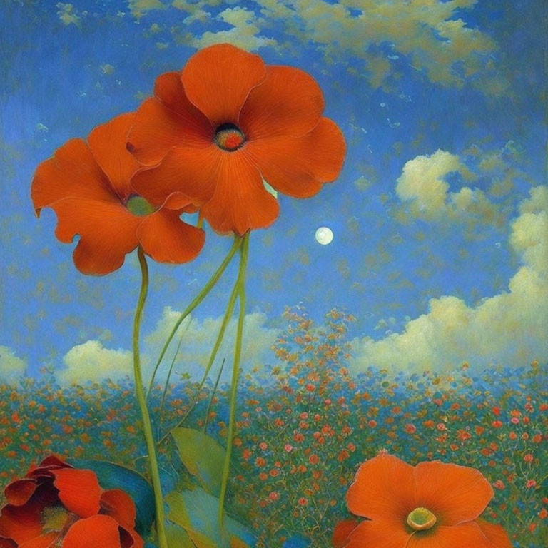 Colorful painting of oversized red poppies under a blue sky with white clouds and a small moon.