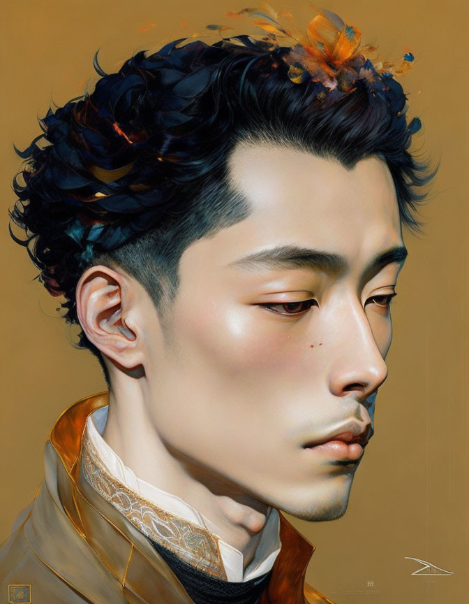 Hyper-realistic digital painting of man with stylized hair and fashionable brown jacket