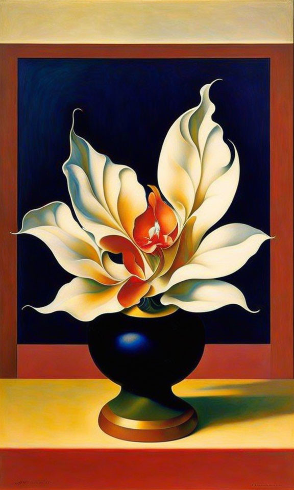 Stylized painting of large white flower with yellow and red accents on dark vase, set on yellow