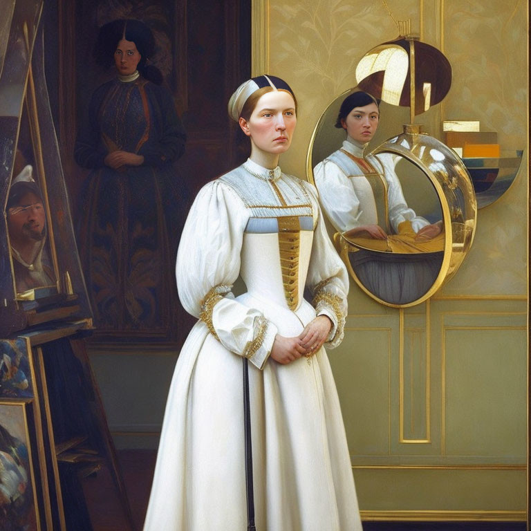 Artwork featuring woman in historical & modern attire before mirror