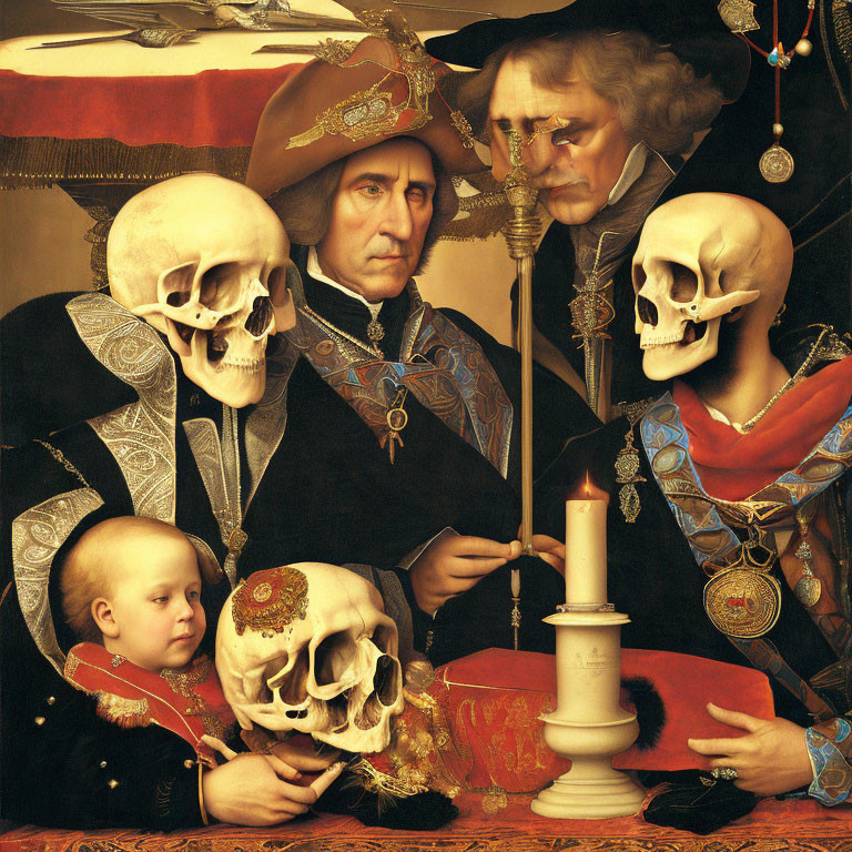 Four surreal figures with skull faces in Renaissance attire with a child.