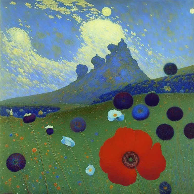 Colorful landscape painting with red flower, blue flora, and starlit mountain.