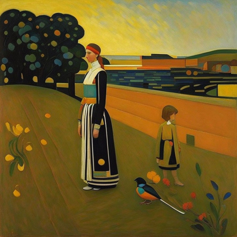 Traditional Dress: Adult and Child Figures in Stylized Landscape