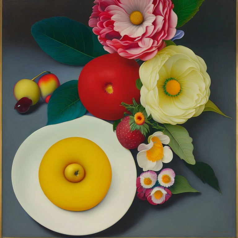 Vibrant flower and fruit still life painting on dark background