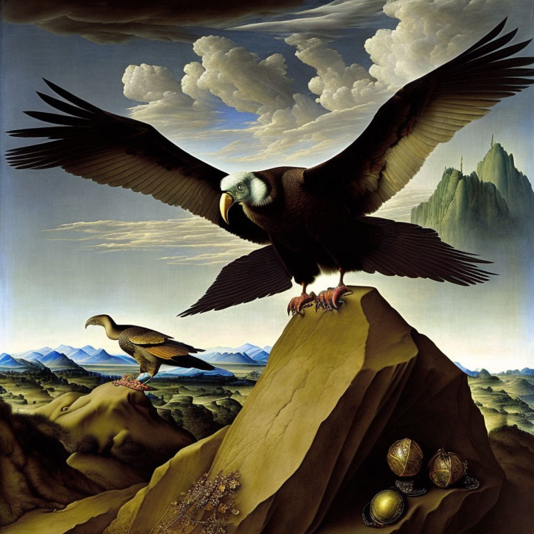 Surreal painting of eagles on mountain peak with eggs