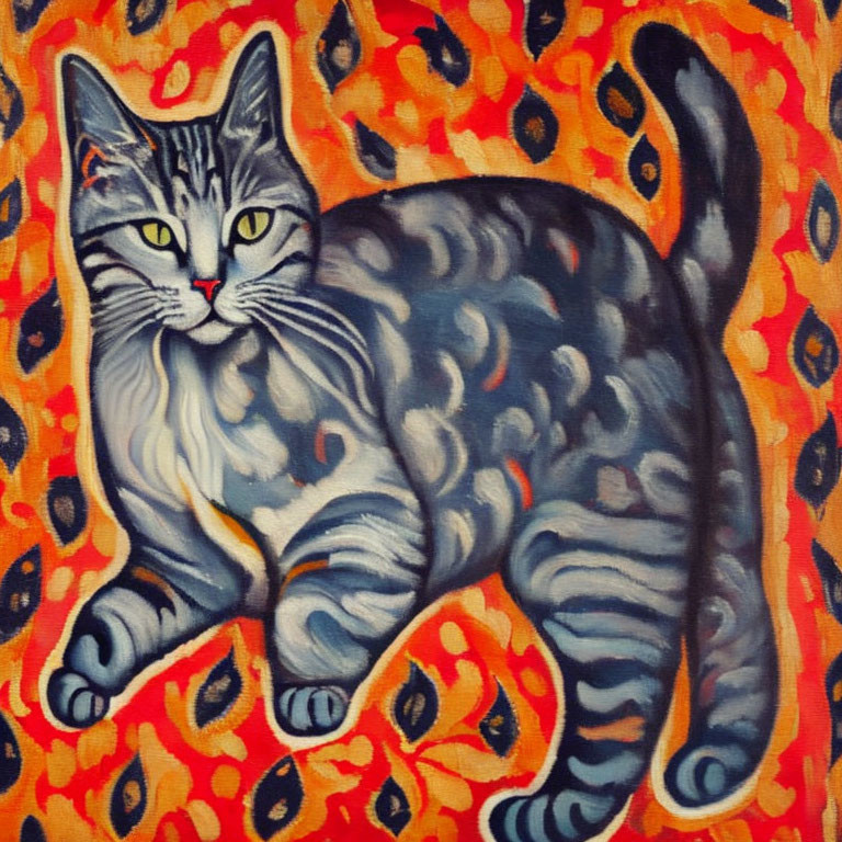 Colorful Striped Cat Painting on Vibrant Orange Background