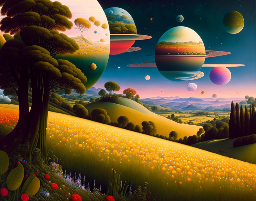 Colorful Surrealist Landscape with Rolling Hills and Planets in Sky