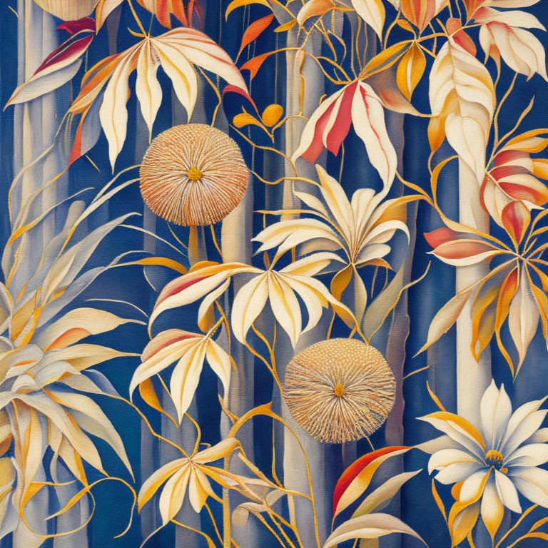 Detailed Botanical Illustration: Orange and Yellow Flowers with Dandelions on Blue Background