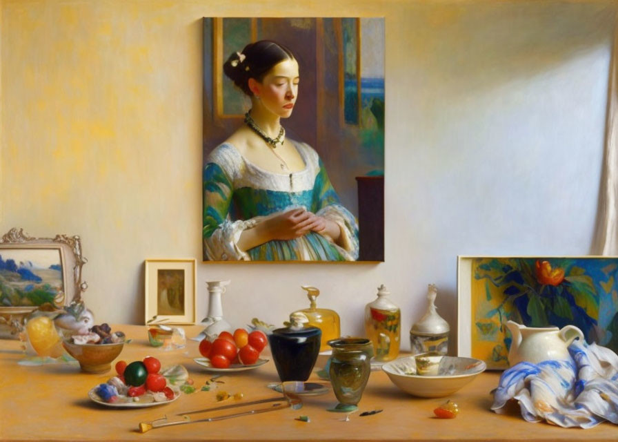 Woman in Blue-Striped Dress Contemplating Among Still-Life Objects