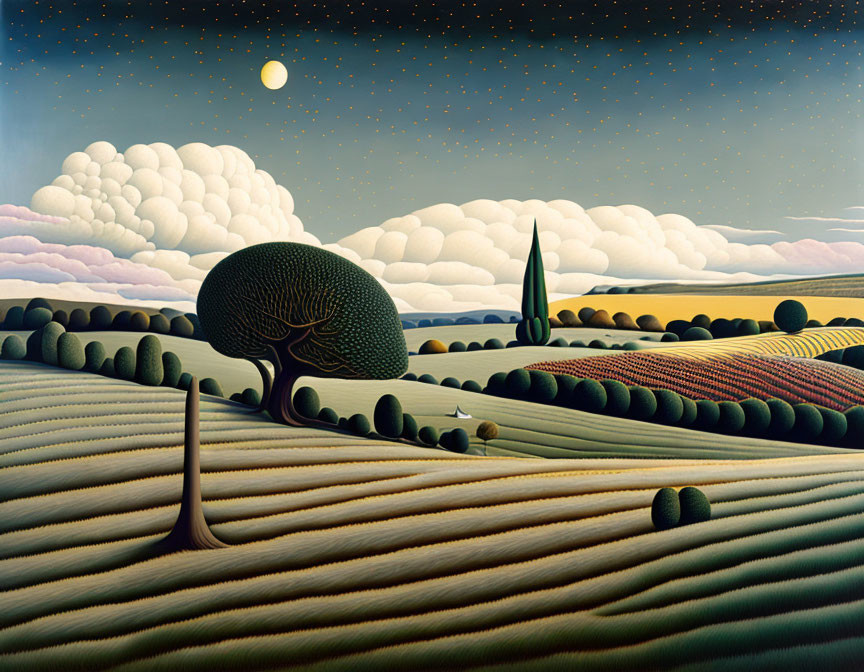 Surreal landscape with plowed fields, full moon, stars, rolling hills, and unique trees