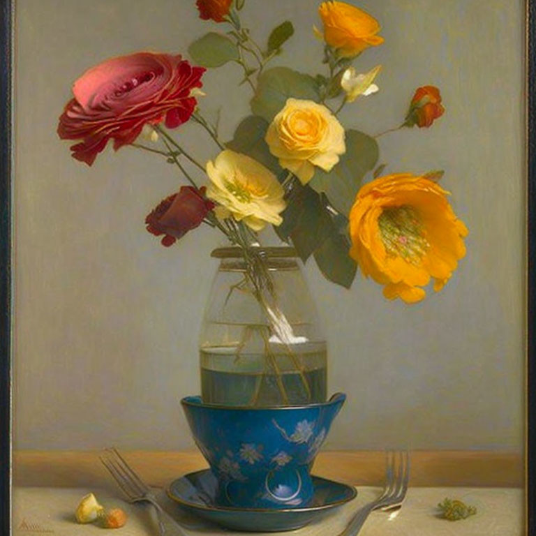 Floral arrangement with roses in glass vase on blue teacup