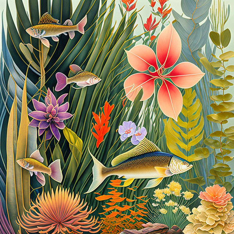 Colorful Fish Swimming Among Pink Flower and Coral in Underwater Scene