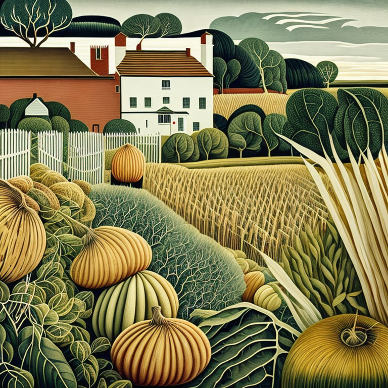 Stylized pastoral scene: White house, red roof, lush gardens, oversized pumpkins, pattern